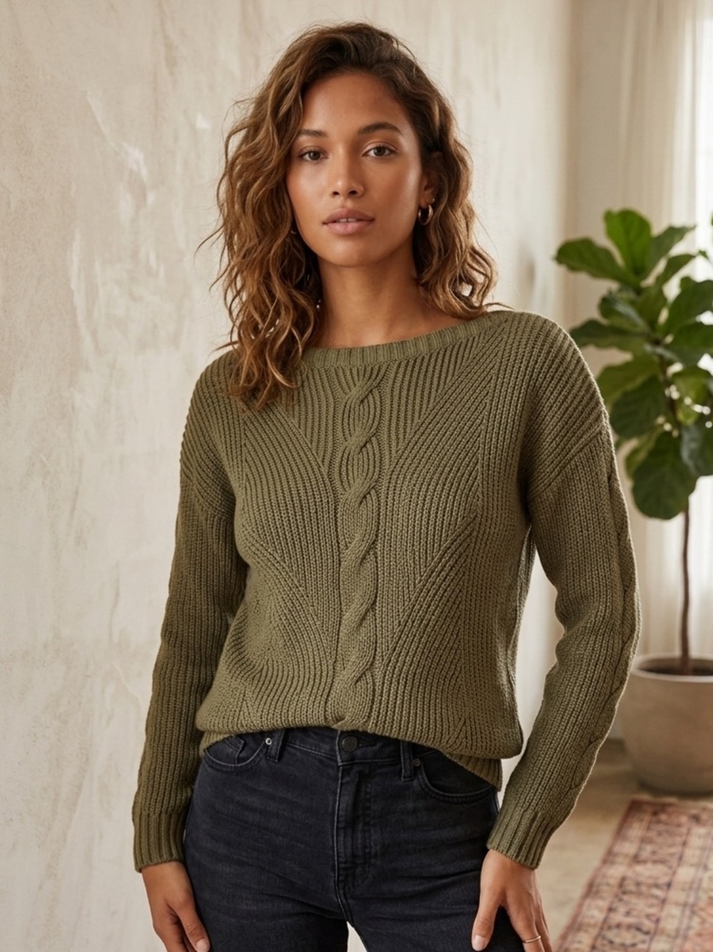 Ralph Lauren Olive Green Cable Knit Boatneck Sweater